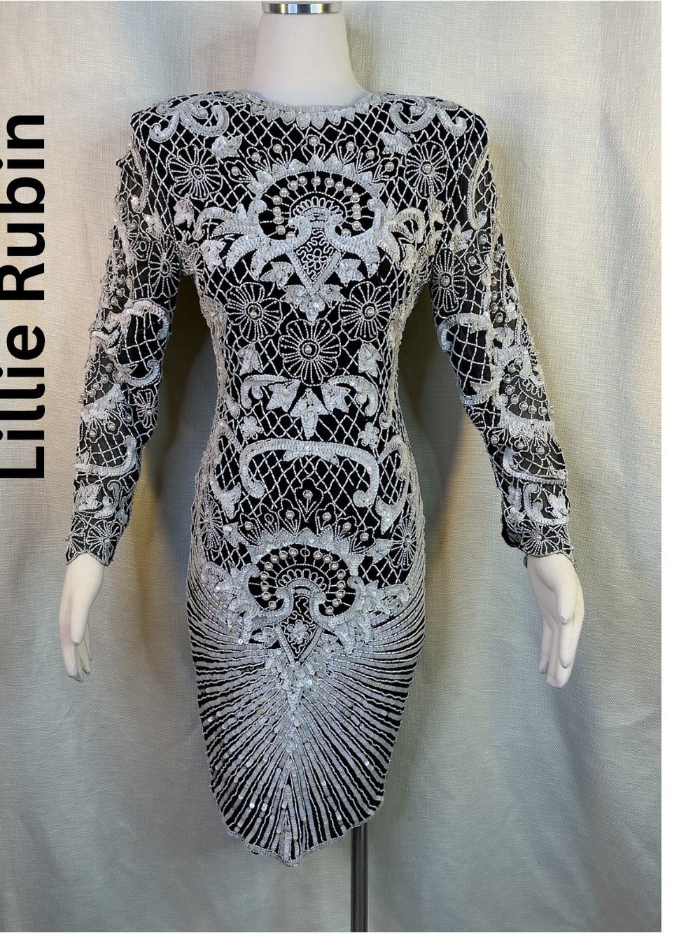Lillie Rubin Vintage Black White Sequin Beaded Silk Cocktail Dress Size S